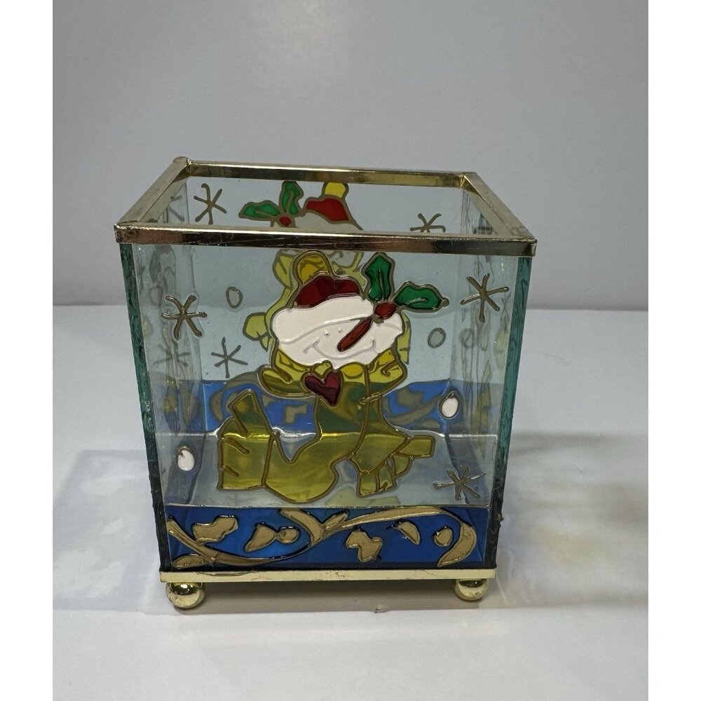 Vintage Hand-Painted Stained Glass Votive Candle Holder Christmas Snowman